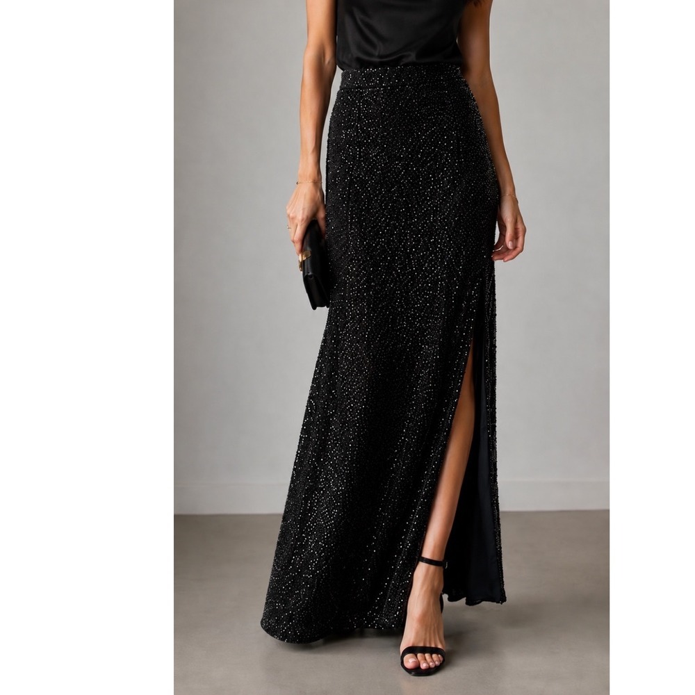 VTG‎ Sean Collection  Beaded Maxi Skirt Black Bugle Bead Side Slits Formal Sz XS